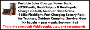 Portable Solar Charger Power Bank, 63200mAh, Dual Outputs & Dual Inputs, Charge via USB, Solar, or Hand Crank,  4 LEDs Flashlight, Fast Charging Battery Pack,  for Truckers, Outdoor Camping, Survival Gear. This is the exact unit Vicki bought, uses, and recommends. Buy Now. #ad