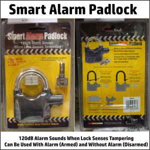 Front and back panels of a Smart Alarm Padlock on sale at a truck stop. When armed, this device is designed to emit a 12-dB alarm that sounds when lock senses tampering. Is designed to be a trailer door lock.