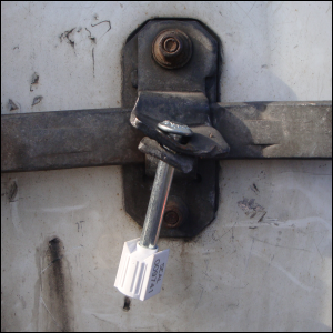 Bolt inserted through locking device over trailer bar handles.